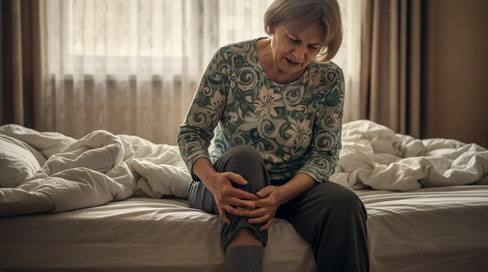 Elżbieta siedzi na krawędzi łóżka